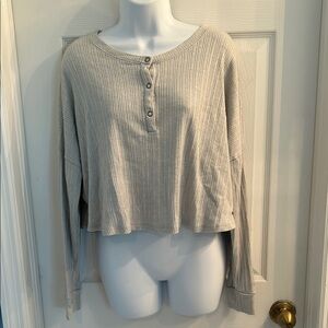 Cream Cropped Ribbed Blouse with Polo Collar